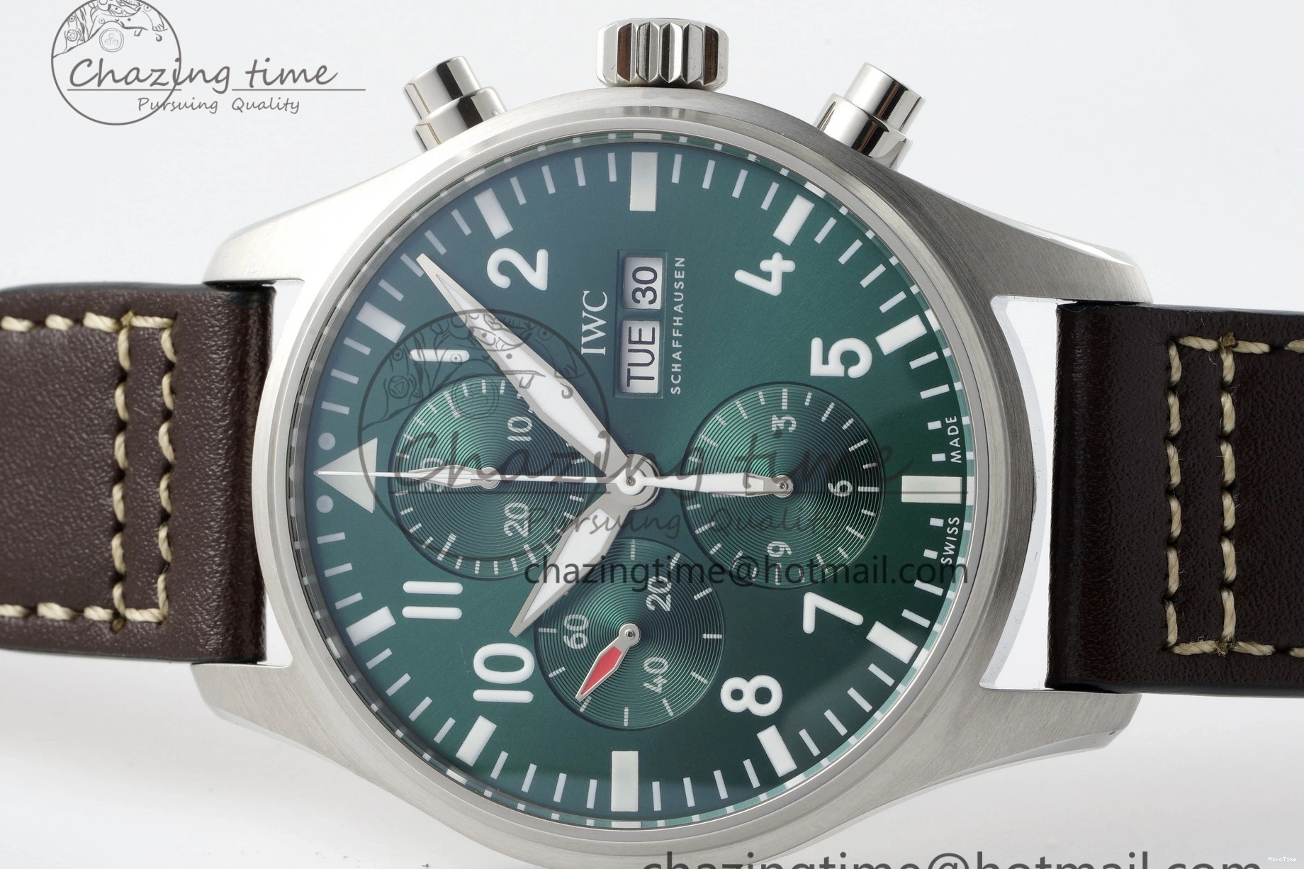 MIROTIME 0319 Bright Pilot Chrono SS AZF 1:1 Best Edition Green Dial on Brown Leather Strap A 7059